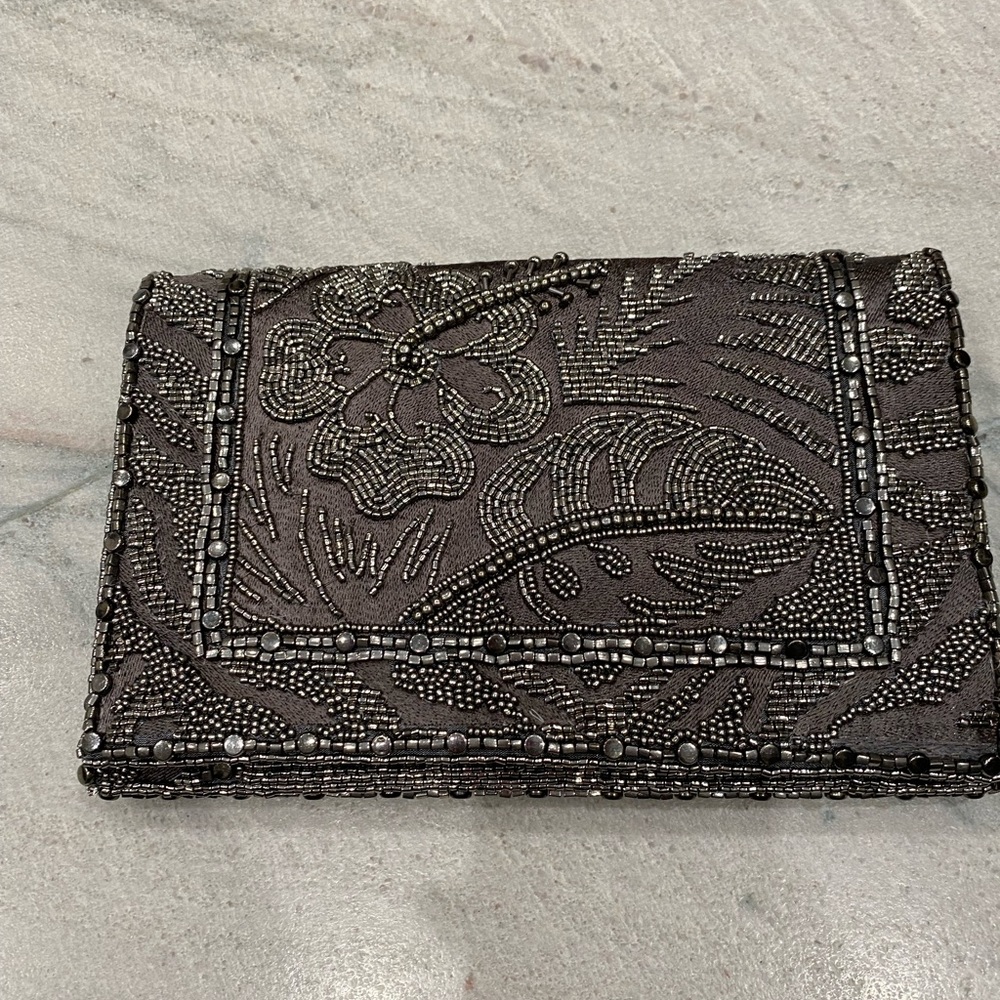 Mary Frances pewter beaded clutch